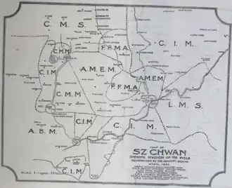 Map of Sichuan showing division of the field by seven Protestant mission societies: ABM, AMEM, CIM, CMM, CMS, FFMA, and LMS
