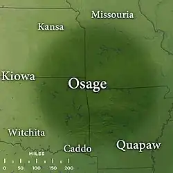 Map featuring traditional Osage influenced lands of the late 17th century; superimposed over present-day northwest Arkansas, southeast Kansas, southwest Missouri, and northeast Oklahoma