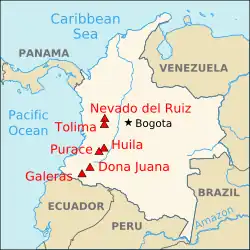 Map showing volcanoes in Colombia