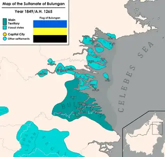 Map of the Sultanate of Bulungan (colored dark teal) and its vassals (light teal) in 1849.