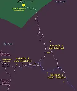 Map showing the various galleries and elements of the Vaquera Cave