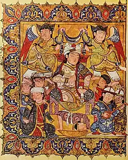 Frontispiece with Mamluk court scene. Probably Egypt, dated 1334. Maqamat of Al-Hariri.[69]