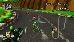 A rectangular video game screenshot that is a digital representation of a asphalt racetrack. A green bipedal dinosaur on a motorbike turns the bike into a curve on the road among other racers riding in karts.