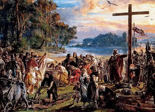 photo of a late nineteenth century painting by Jan Matejko depicting the introduction of Christianity to Poland through symbols such as a cross and a plow, baptism and reading