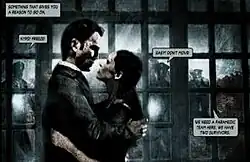 A man and a woman embrace each other. Speech bubbles are seen around them.