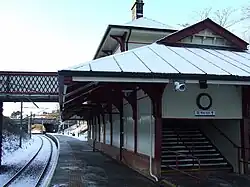 Looking up at the station building from platform 2