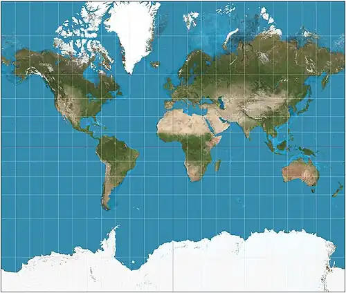 Mercator projection (showing between 82°S and 82°N)