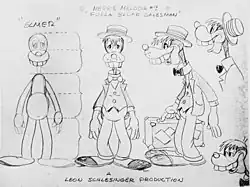 A collection of drawings of an anthropomorphic door-to-door salesman dog from the 1938 animation Jungle Jitters. The image shows multiple angles and proportions so animators can avoid drawing "off-model"