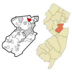 Location of Iselin in Middlesex County highlighted in red (left). Inset map: Location of Middlesex County in New Jersey highlighted in orange (right).