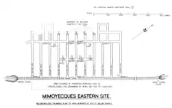 Top-down diagram of the eastern site showing the railway tunnel proceeding laterally and a series of galleries branching off the railway tunnel