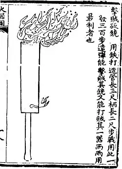 A 'bandit-striking penetrating gun' (ji zei bian chong) as depicted in the Huolongjing. The first known metal barreled hand cannon, it throws low nitrate gunpowder flames along with coviative missiles.