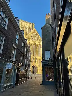 This view shows how the more modern buildings on the eastern side of Minster Gates are offset from 10 Minster Yard at the end
