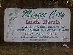 Sign on U.S. Highway 49E celebrating Minter City as the hometown of Lusia Harris