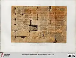 Illustration of the 1st part of the latin Res Gestae in the on the north wall of the pronaos of the Augusteum.