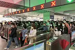 Mass commuting traffic tapping out during a morning rush