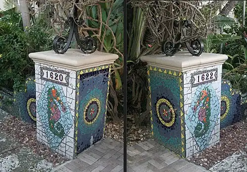 The entrance of the building decorated with seahorse mosaics