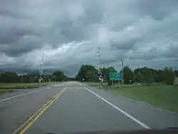 New York State Route 3A and Jefferson County Route 36 at the entrance to Fort Drum in the town of Wilna.
