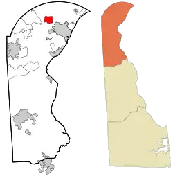 Location of Greenville in New Castle County, Delaware (left) and of New Castle County in Delaware (right)