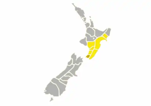 Hurricanes' catchment area, with Wellington highlighted in orange.