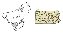 Location of Portland in Northampton County, Pennsylvania (left) and of Northampton County in Pennsylvania (right)
