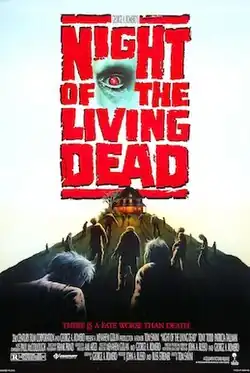 A path showing a crowd of zombies heading towards a house. The film's logo is placed above, with a zombie eye play within a middle opening.