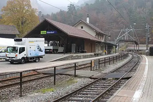Two-story building with gabled roof