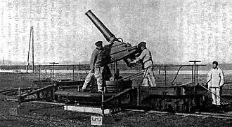 The rail mounted Obusier de 155 C modèle 1881 sur affût-truck Peigné-Canet mle 1897.