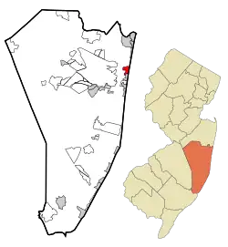 Map of Dover Beaches North CDP in Ocean County. Inset: Location of Ocean County in New Jersey.