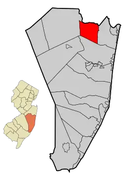 Location of Lakewood Township in Ocean County highlighted in red (right). Inset map: Location of Ocean County in New Jersey highlighted in orange (left).