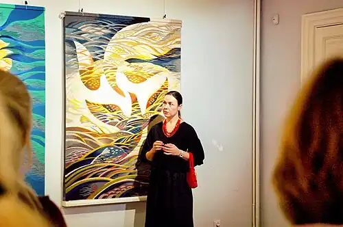 Ukrainian artist Olha Pilyuhina gives a tour of her exhibition “Meta” at the Museum of Ukrainian Diaspora. Kyiv, 2024
