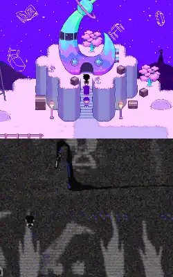 Two images; the top depicting a crescent moon shaped building in the vibrant, childlike world of Headspace. The bottom has a glitchy, monochrome, and foreboding art style depicting an ambiguous location with an object designed to resemble a body hanging from a tree.