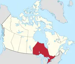 A map showing the location of the Canadian province of Ontario.