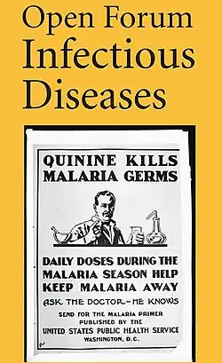 Open Forum Infectious Diseases cover with 1920 poster Quinine Kills Malaria Germs