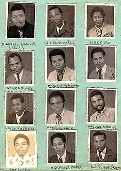 Orchestre Sinza Kotoko's key members, including Jacques Kimbembé, Gabriel Dianzolo "Ya Gaby", Erouet Nkounkou, Makosso, and Miguel Samba, as presented during the 1973 Pan-African Youth Festival in Tunis, Tunisia.