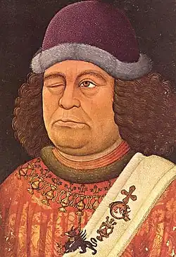 Oswald von Wolkenstein—portrait from the Innsbrucker Handschrift, 1432—wearing the Order of the Dragon chain