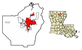Location of Monroe in Ouachita Parish, Louisiana