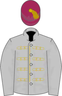 Silver, gold braid, maroon cap, gold tassel