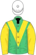 Emerald green, yellow chevron and sleeves, white cap
