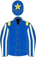 Royal blue, yellow epaulets,royal blue and white striped sleeves, royal blue cap, yellow star