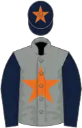 Grey, orange star, dark blue sleeves, dark blue cap, orange star