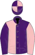 Purple and pink halved, sleeves reversed, quartered cap