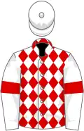 White and red diamonds, white sleeves, red armlets, white cap