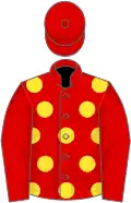 RED, yellow spots, red sleeves and cap