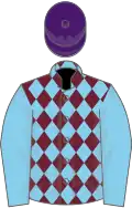 Claret and sky blue diamonds, sky blue sleeves, purple cap