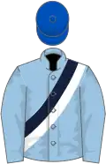 Light blue, dark blue and white sash, royal blue cap
