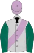 Light grey, dark green sleeves, lilac sash and cap