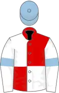 Red and white (quartered), white sleeves, light blue armlets, light blue cap