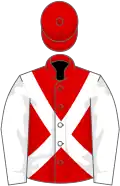 Red, white cross sashes, white sleeves, red cap