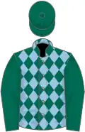 Dark green and light blue diamonds, dark green sleeves and cap