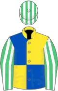 Yellow and royal blue quartered, emerald green and white striped sleeves and cap
